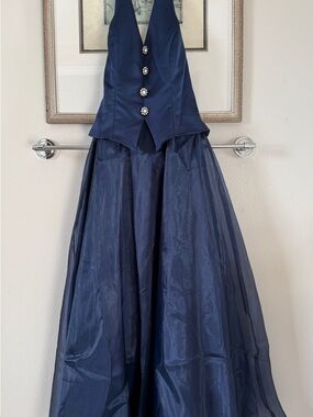 Formal Prom Navy Blue Halter Ball Gown Dress Rhinestone Sz 3/4 Lined Organza